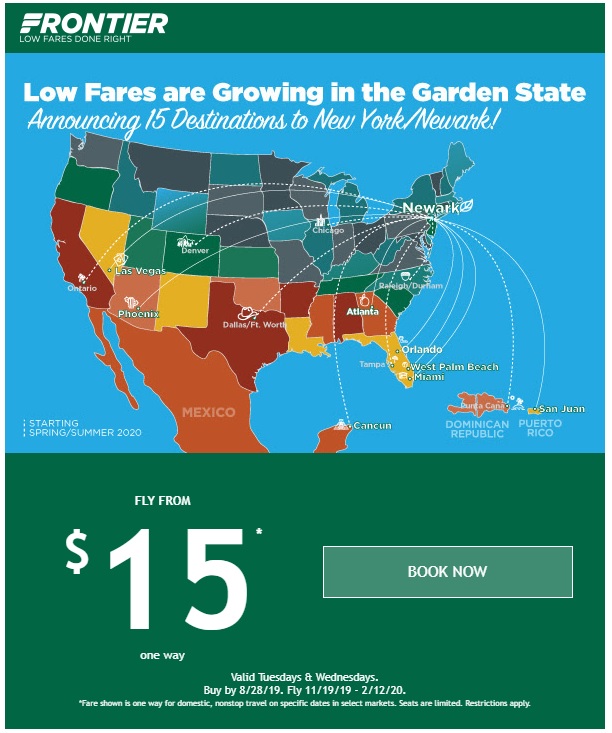 $15 to Newark! New Routes to New Jersey Frontier Flash Sale!