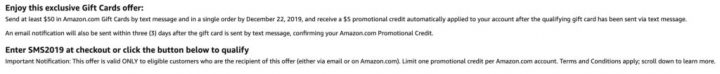 Get a $5 Credit at Amazon When You send $50 in Amazon Gift Cards by text message (targeted)